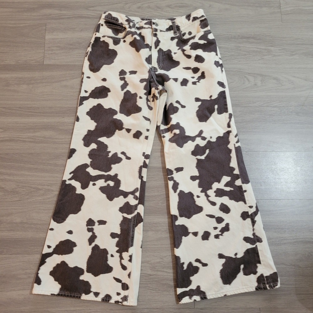 Abercrombie & Fitch Cow Print High Rise Wide Leg Jeans Brown White 32 Regular